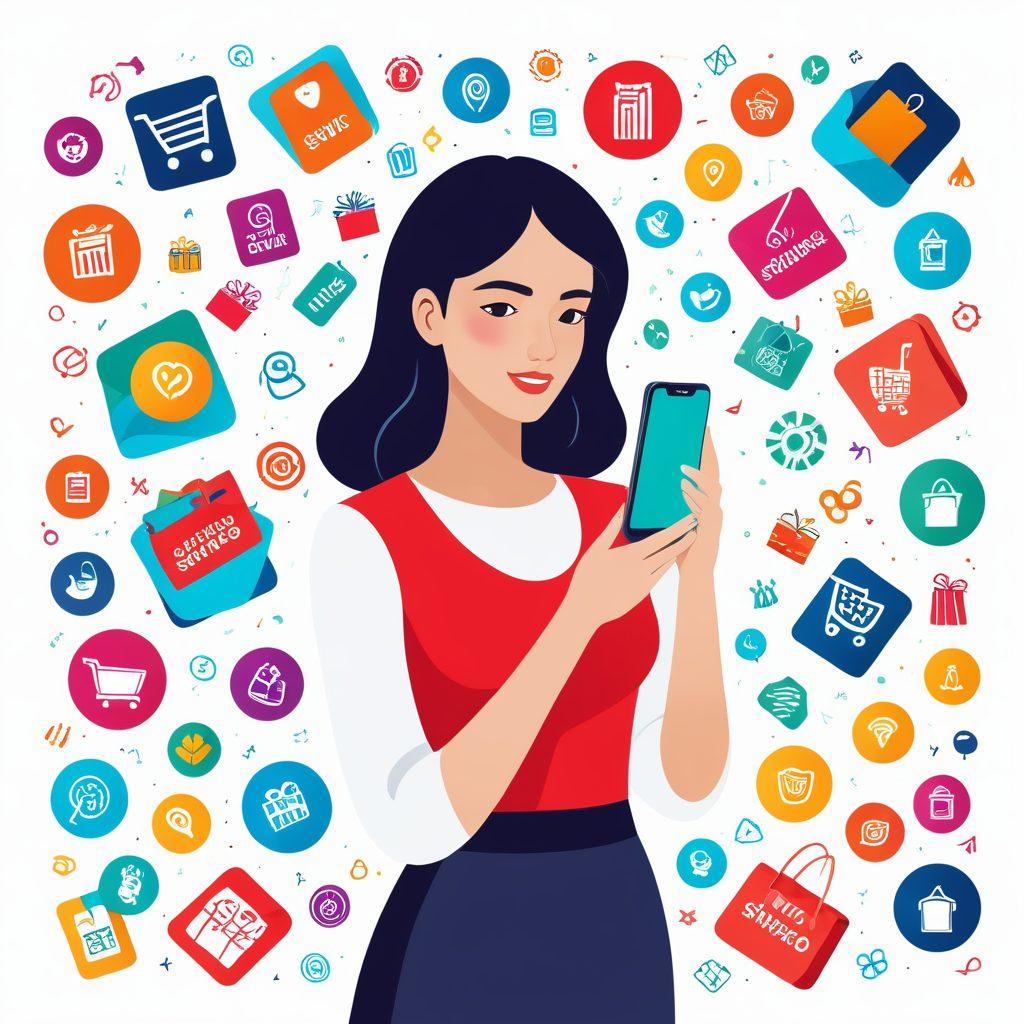 A stylish and modern woman confidently navigating through the Mercado Mila app on her smartphone, with floating icons representing different shopping categories and smart savings techniques around her. Background features an abstract digital market scene. Vector art. Elements in vibrant colors with a white background.