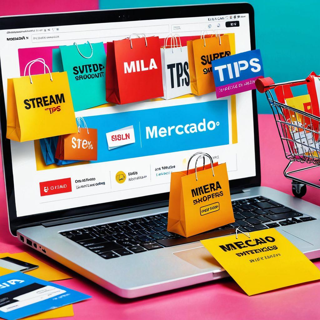 A vibrant and welcoming online shopping portal with a shopping cart overflowing with items, dollar signs, and a laptop displaying 'Mercado Mila' at the top. In the background, happy shoppers with shopping bags and discounts tags fluttering around. A friendly guide figure pointing to the 'Tips and Tricks' section. super-realistic. vibrant colors.